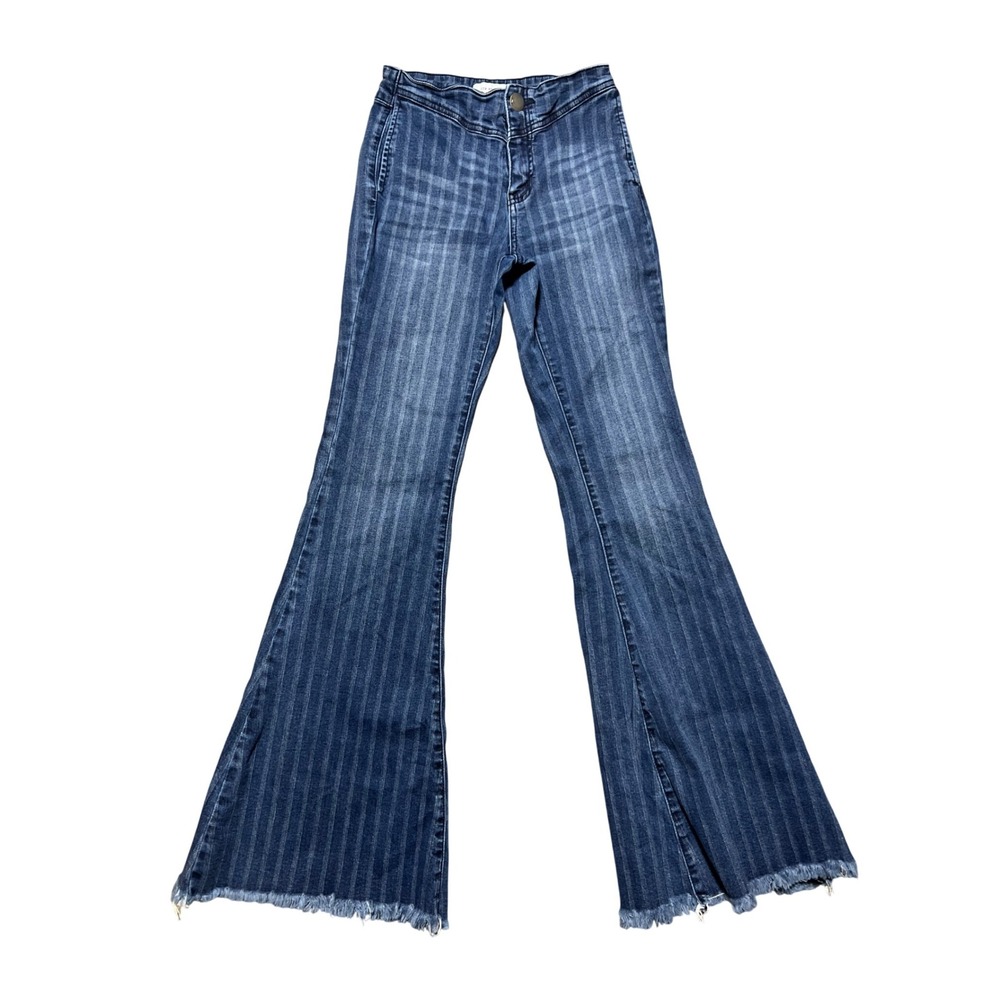 Litz by Uniq Flare Jeans High Waist Striped Frayed Hem Boho Dark Wash Size 26/3‎